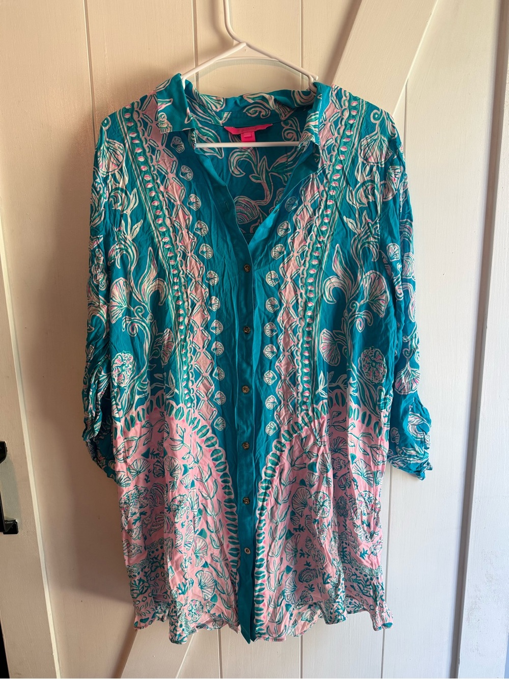 Lilly Pulitzer Teal and Pink Printed Button-Front Tunic